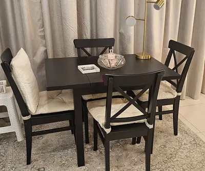 IKEA Extendable Dining Table with 4 Chairs & Cushions