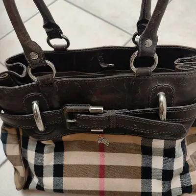 Used beige checkered leather-trim tote bag
