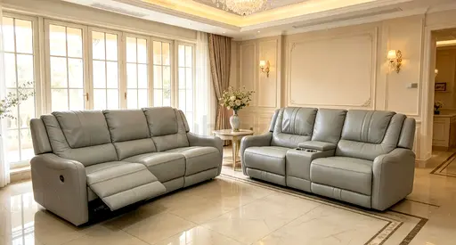 Genuine Leather 3-Seater & 2-Seater Reclining Sofa Set - Light Grey