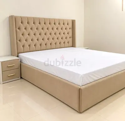 Beige Upholstered King Bed with Tufted Headboard Including Mattress