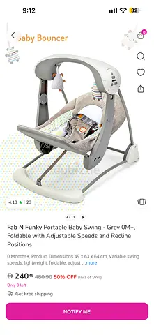 Fab N Funky Portable Baby Swing / Bouncer - Grey, Foldable, Adjustable Recline