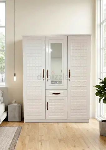 White 3-Door Wardrobe with Center Mirror and Drawer