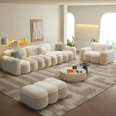 Modern Cream Modular Sofa Set with Ottoman - 3-Seater + Armchair