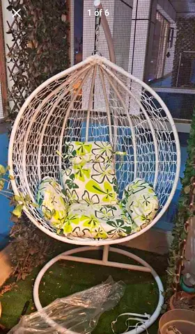 White Rattan Hanging Egg Chair with Stand and Cushions