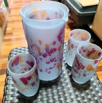 Glass jug and 3 matching cups-floral design