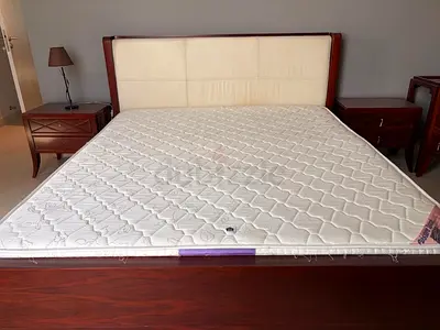 Solid Wood King Bed with Leather Headboard and 2 Bedside Tables