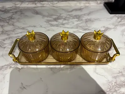 Plastic condiment/jam jars set with gold tray and crown lids - 3 pieces