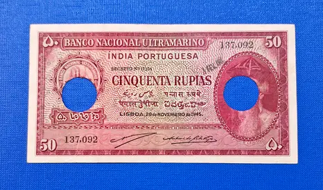 1945 Portuguese India 50 Rupees Banknote