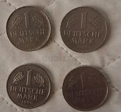 Lot of 4 German 1 Deutsche Mark Coins (1968, 1971, 1980, 1990) - Used