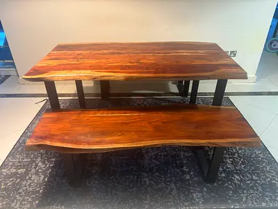 Natural Edge Wooden Dining Table and 2 off Benches