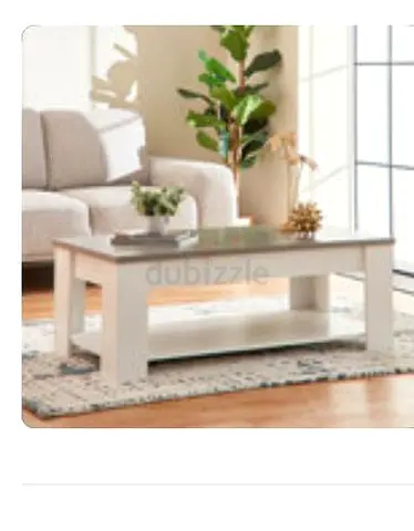 White wooden coffee table, 1 and 3 seater sofas with lower shelf - good condition