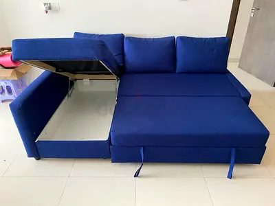 Blue L-shaped Storage Sofa Bed - Convertible Sectional, Good Condition