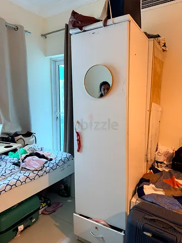 White freestanding wardrobe with mirror and storage - used