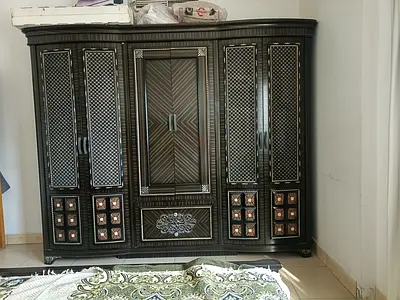 Large Dark Wooden Wardrobe with Decorative Panels - Good Condition
