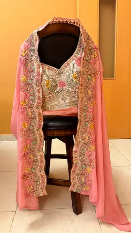 Embellished Pink dhoti skirt and crop  Blouse with Matching shrug  - Good Condition