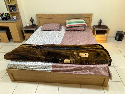 Oak Finish complete Bed Set with mattress, Side Tables and a Dressing Table with Mirror and Stool