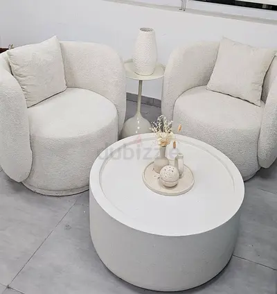 Elegant modern 2 sofa chairs and Modern custom-made concrete centre table and 1 met side table