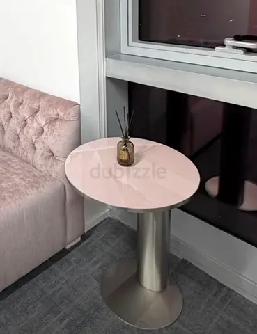 Round Marble-Top Side Table with Stainless Steel Base - Light Pink