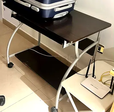 Compact Computer Desk with Wheels and Lower Shelf - Dark Wood