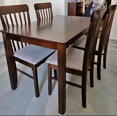 Solid Wood 4-Seater Dining Table with Cushioned Chairs - Dark Brown