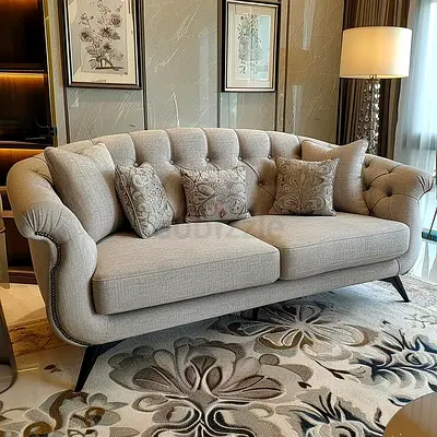 3-Seater Beige Tufted Sofa with Decorative Cushions