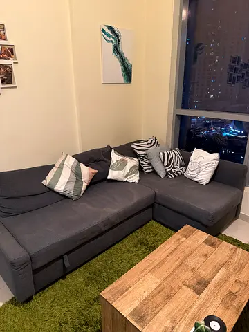 Large L-shaped Grey Fabric Corner Sofa — Good Condition
