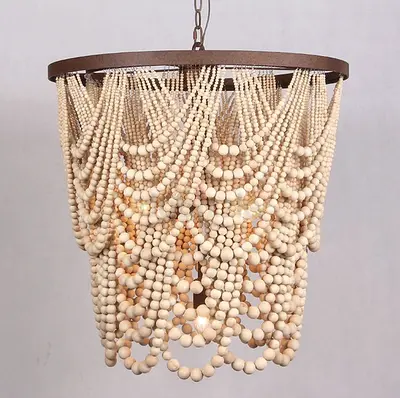 Wood Bead Chandelier Pendant Light - Rustic Boho Ceiling Lamp