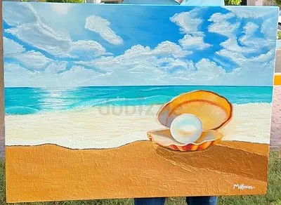Original Seascape Painting with Shell and Pearl on Canvas