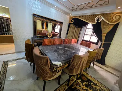 10 Seater Marble Dinning Table With Buffet Table And Crockery Cabinet Including Curtain