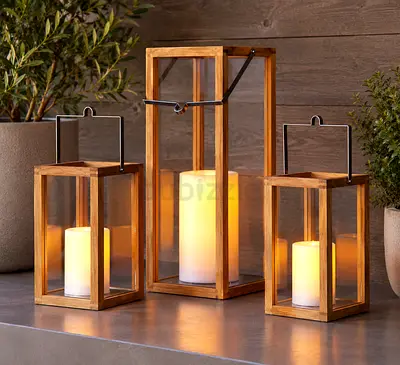 Crate & Barrel Wooden Lanterns – Set of 3 (1 Tall + 2 Short)