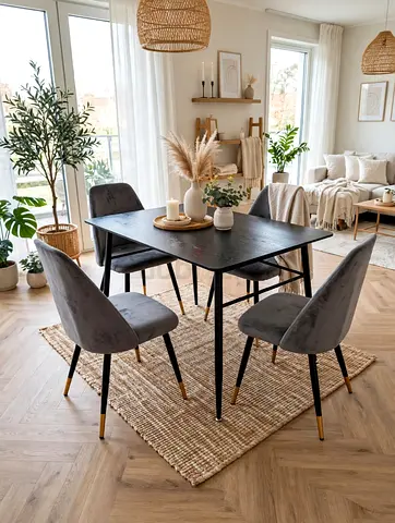 Modern black dining table with 4 grey velvet chairs - set