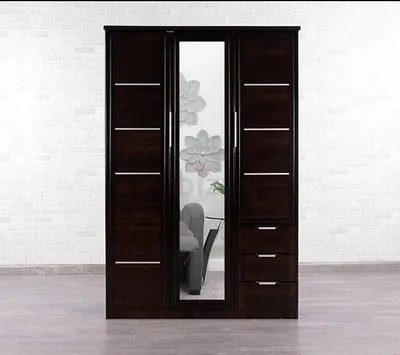 Dark Wood 3-Door Wardrobe with Mirror and Drawers