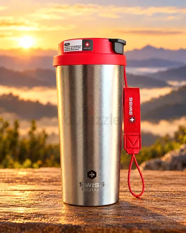 Swiss Military Stainless Steel Travel Mug with Red Lid (Insulated)