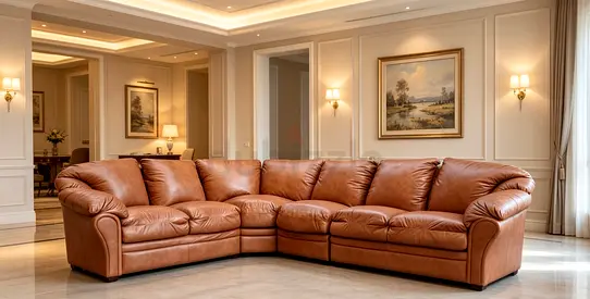 Genuine leather large L-shaped sectional sofa - warm tan, excellent condition