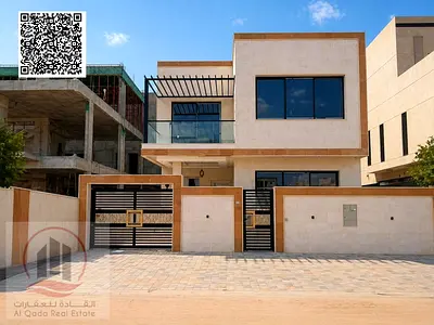 Villa for sale in Al Yasmin area, Ajman. Modern design, ground and first floors, including registra