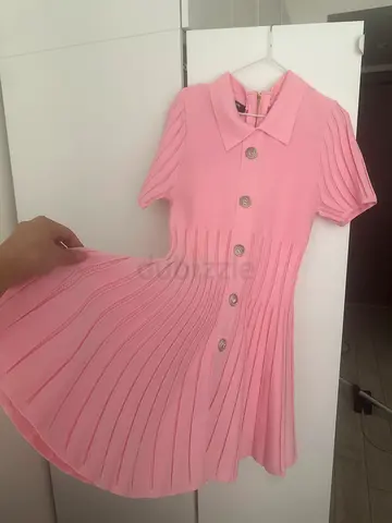 Light Pink Pleated Short Sleeve Dress with Buttons - Size Unknown