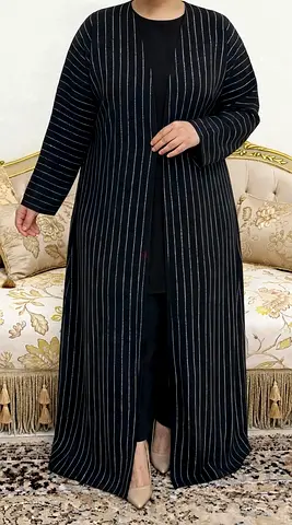 Black Pinstripe Open Abaya / Long Coat - Size large عبايه تونيك قياس لارج