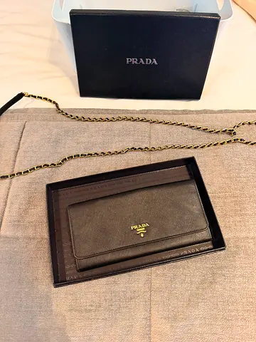 Authentic Prada Small Chain Shoulder Wallet bag - Black Saffiano Leather