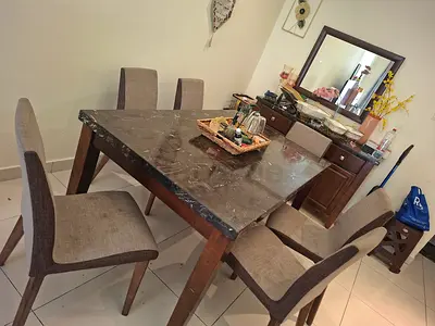 6-Seater Marble Top Dining Table with Chairs and buffet table with mirror — Solid Wood Frame