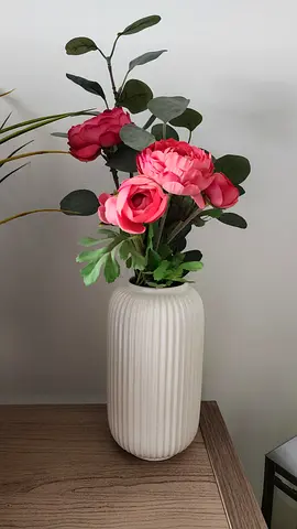 Ceramic Ribbed Vase with Artificial Pink Roses