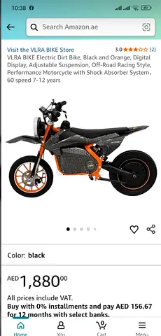 VLRA Electric Dirt Bike - Kids Off-Road Toy Motorcycle (Black)