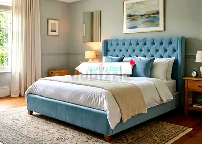 Upholstered Tufted King size  Double Bed with Spring Mattress in Blue (180/200 cm )