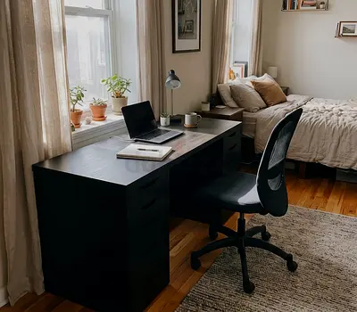 Large Black Double Pedestal Desk with 10 Drawers