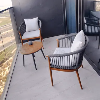 Outdoor Balcony Rattan Chairs and Small Round Side Table - Set of 2