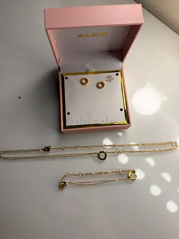 Brand New ALDO 14K Gold Plated Jewelry Set - Necklace, Bracelet & Earrings (With Box)