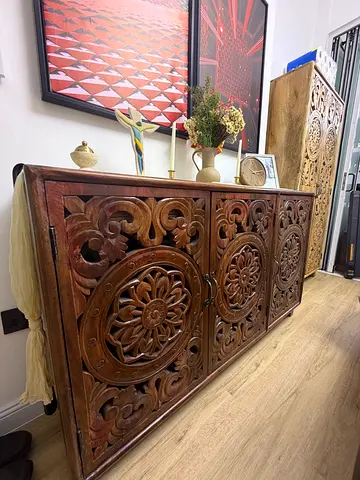 Hand-carved Wooden Sideboard / TV Cabinet with Intricate Floral Panels