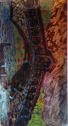 Handmade mixed-media embossed artwork with metallic tones — 30x20 cm (approx)
