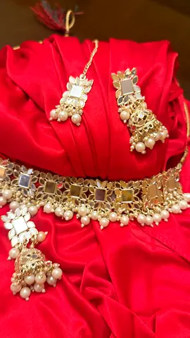 Traditional gold-tone real mirror and pearl Kundan jewelry set (neckpiece + earrings + jhumka)