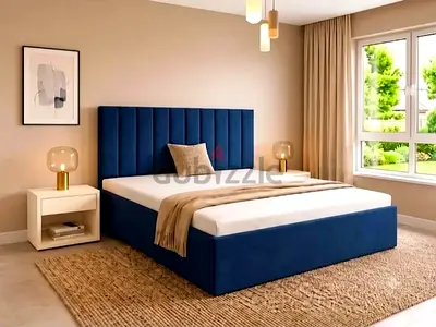 King-size upholstered platform bed with mattress - navy blue