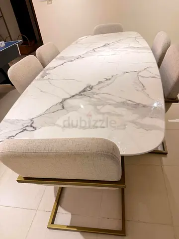 Elegant Marble-top Dining Table with 6 Upholstered Chairs